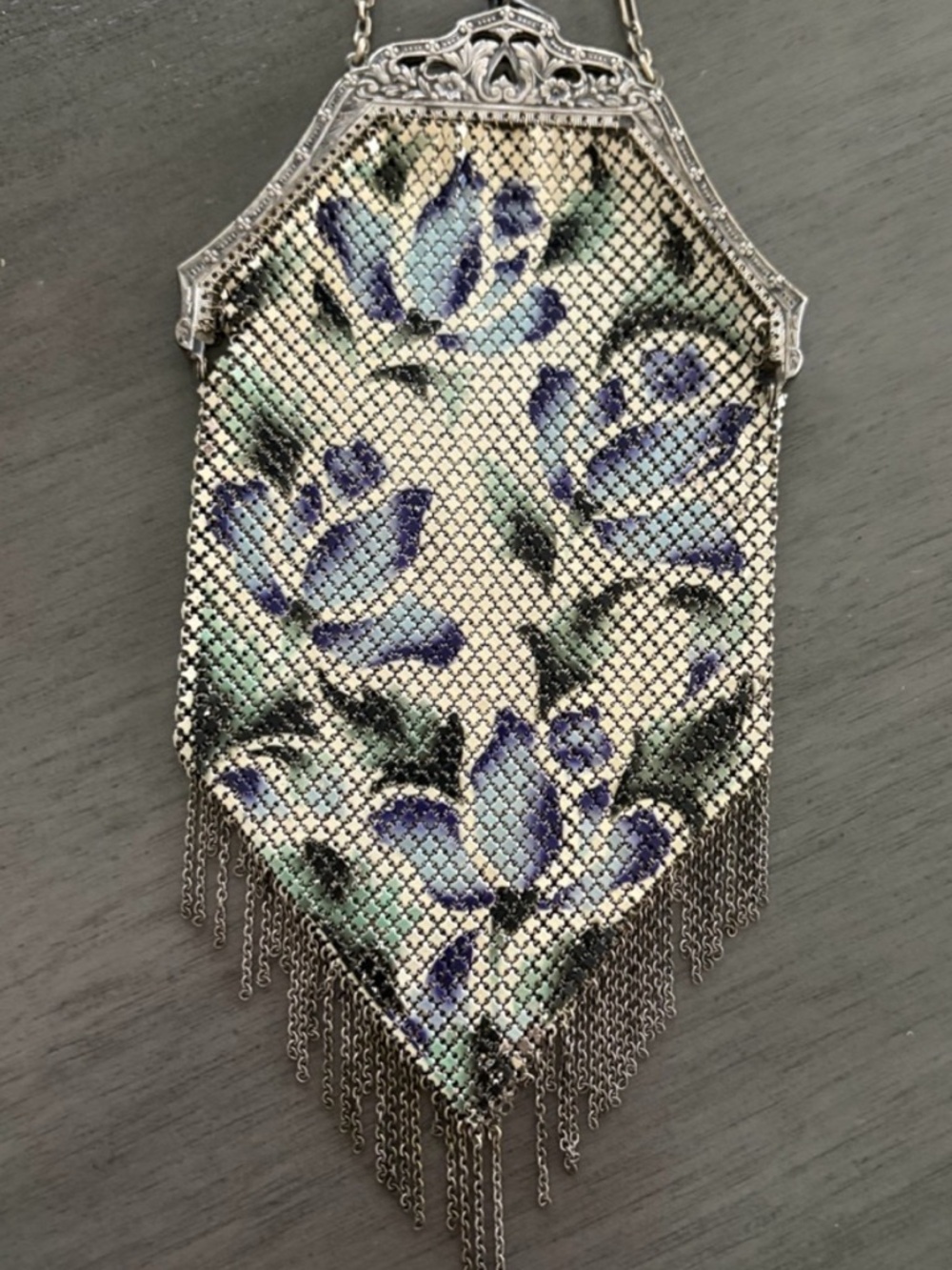 Vintage 1920 ‘s Blue Floral Enamel Mesh Pendant Necklace
